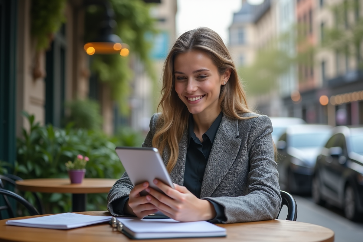 Jeune femme souriante avec tablette dans un café urbain