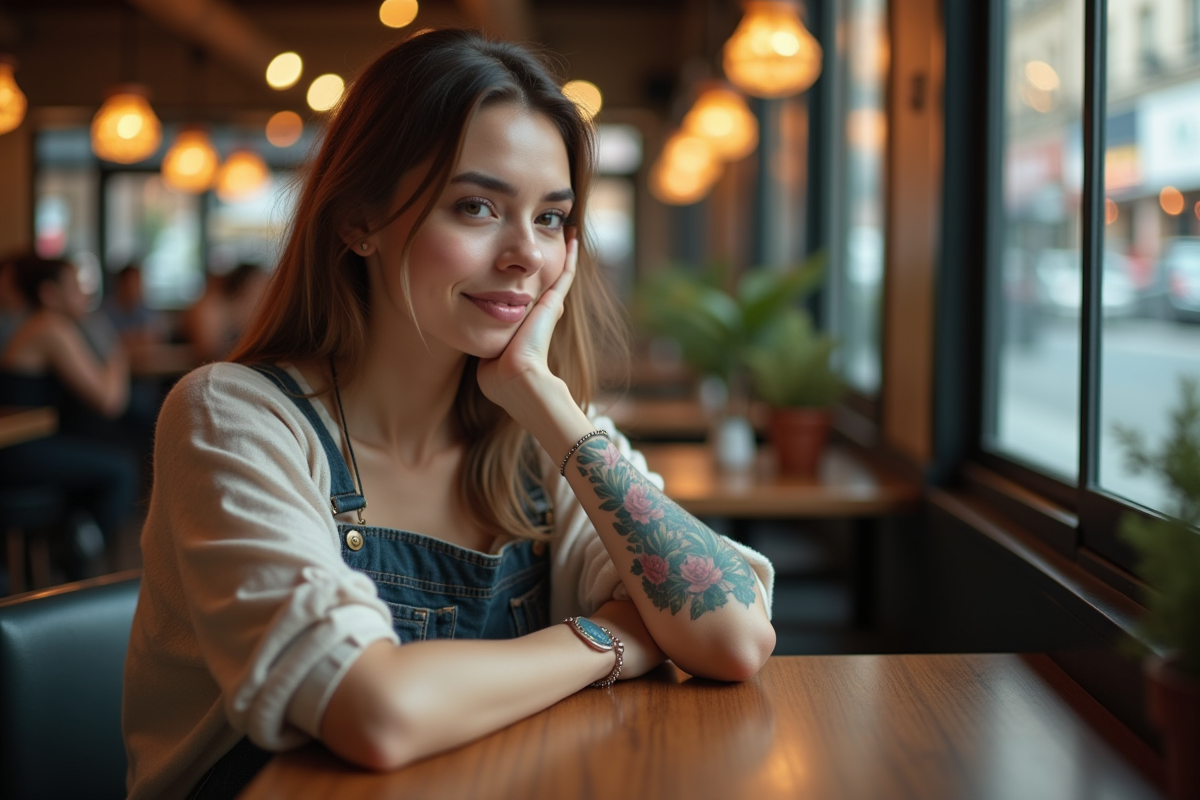 Femme assise au cafe avec tatouage coloré sur le bras