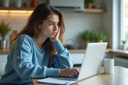 Jeune femme au bureau regardant son ordinateur portable