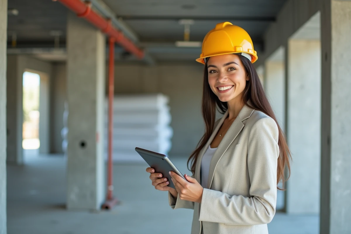 Femme souriante avec casque sur un site de rénovation intérieur