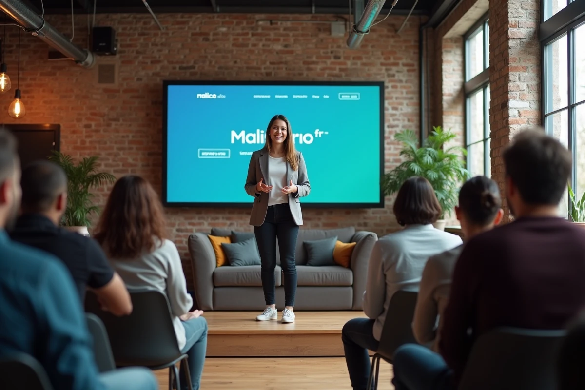 Femme conférencière souriante lors d une présentation en coworking