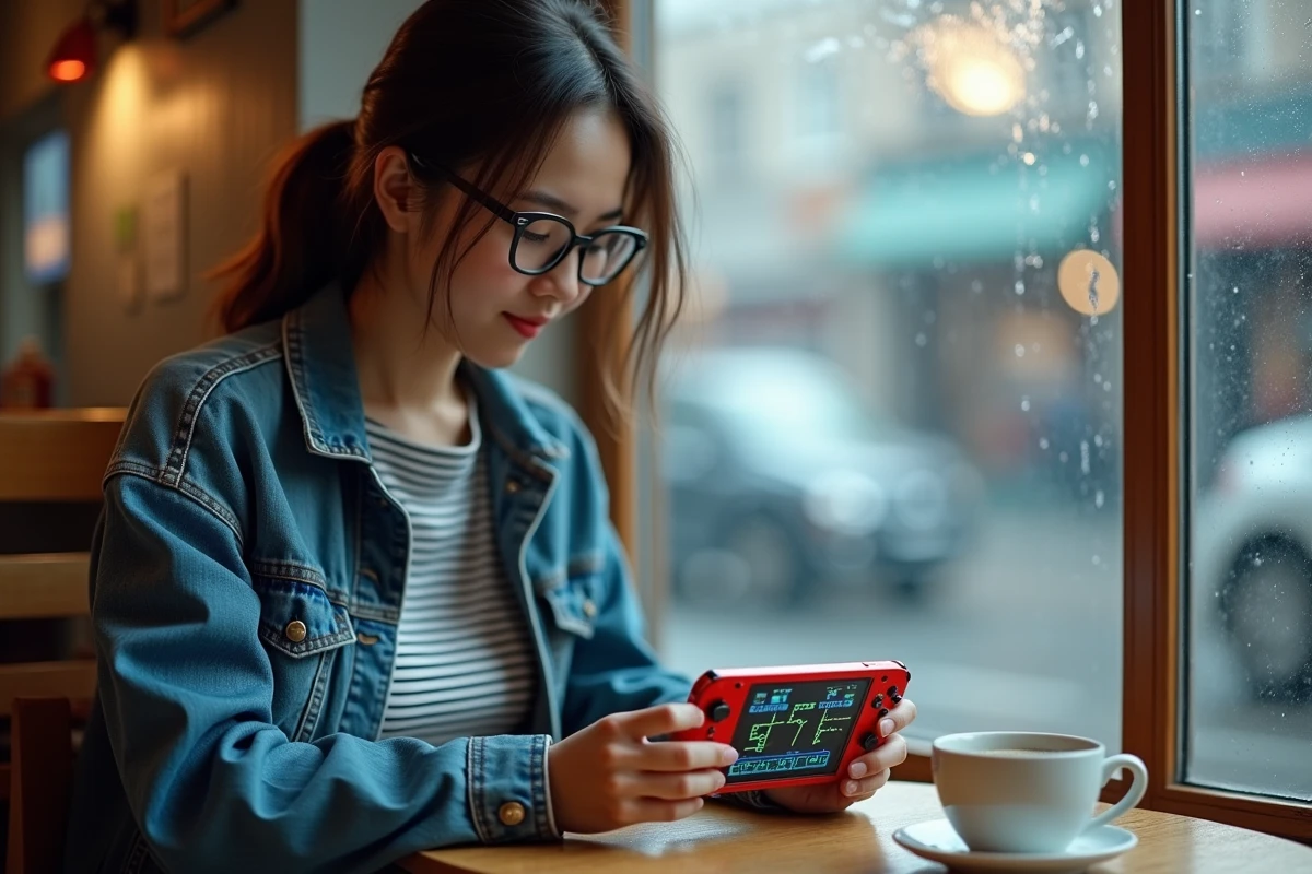 Jeune femme jouant sur une console rétro portable dans un café avec une fenêtre pluvieuse en arrière-plan