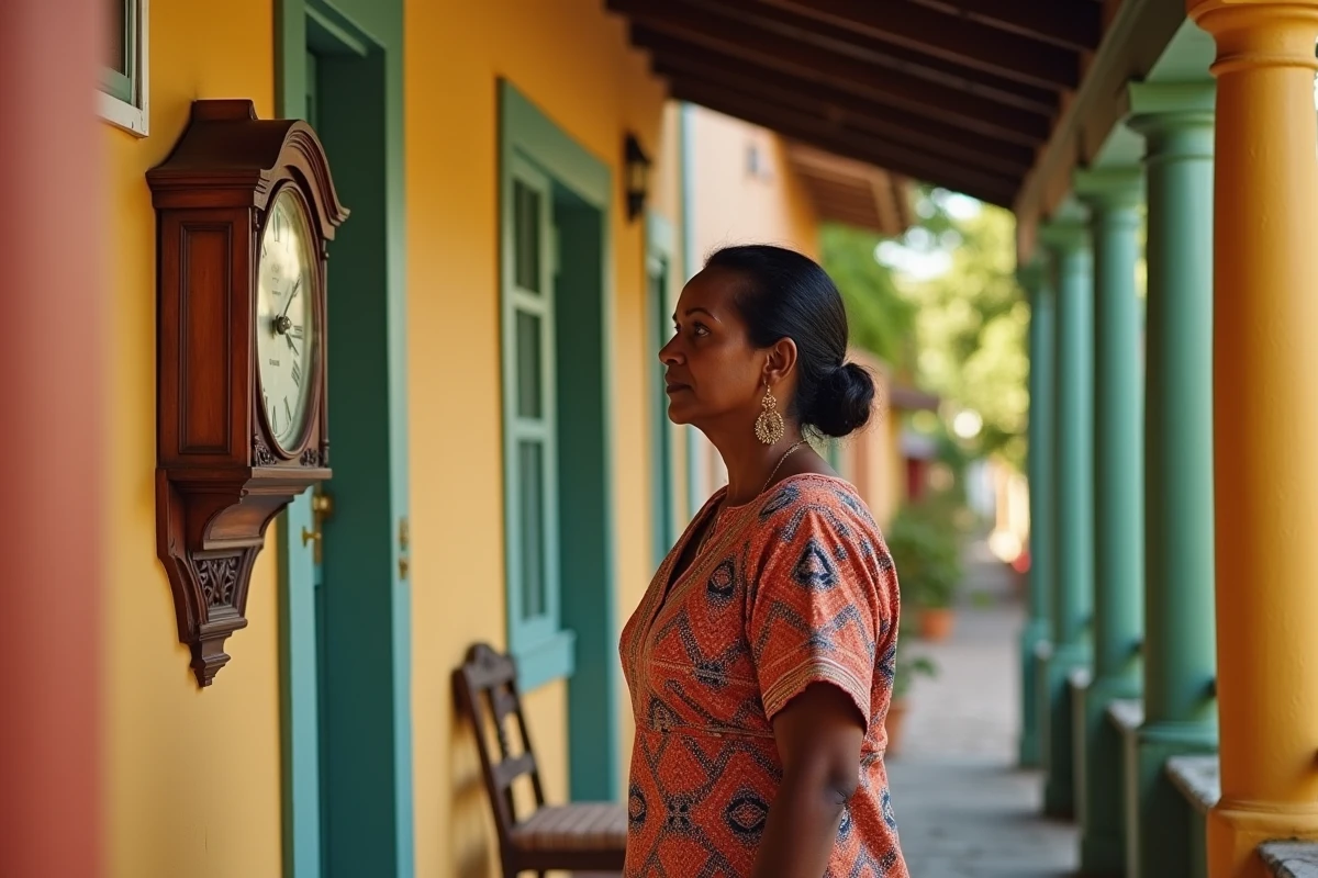 Femme créole en robe madras consultant l'heure sur une horloge murale d'une maison coloniale colorée à Cayenne en Guyane française