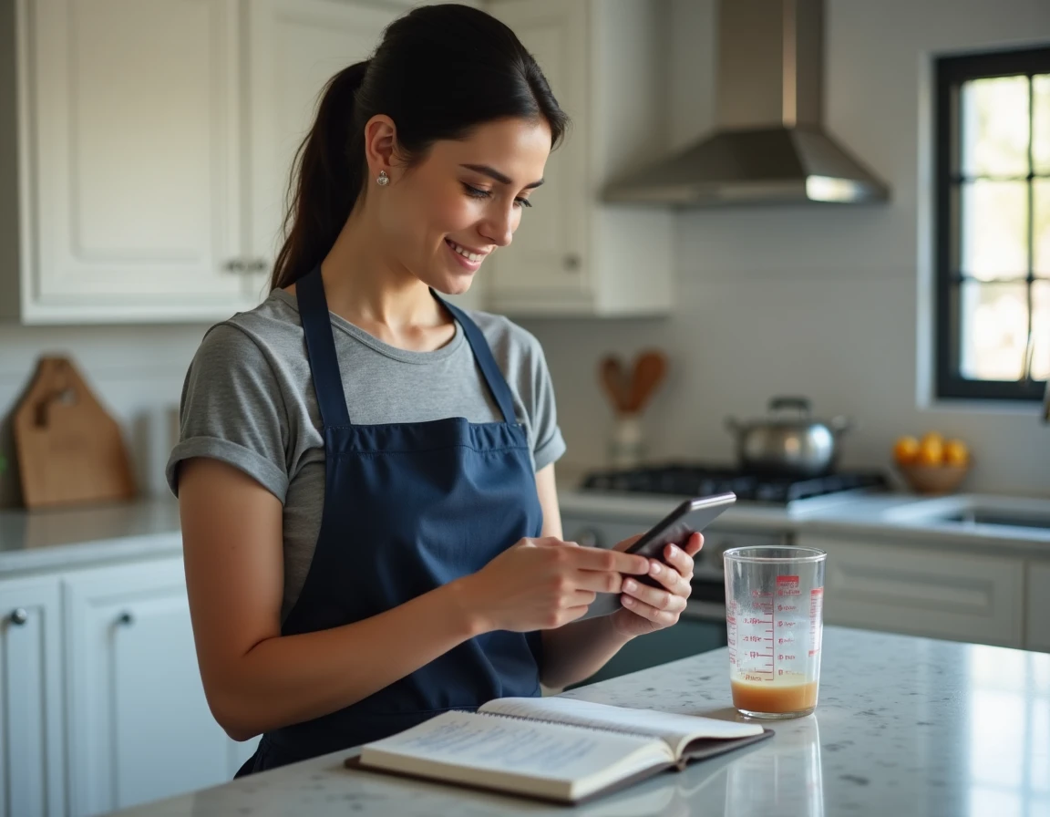 Femme en cuisine calculant une conversion de litres en mètres cubes sur smartphone avec carnet de formules