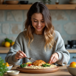 Jeune femme arrangeant un repas coloré dans la cuisine