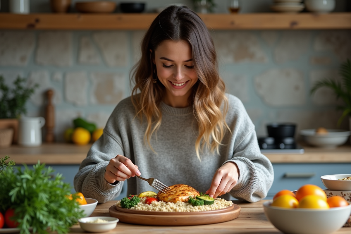 Jeune femme arrangeant un repas coloré dans la cuisine