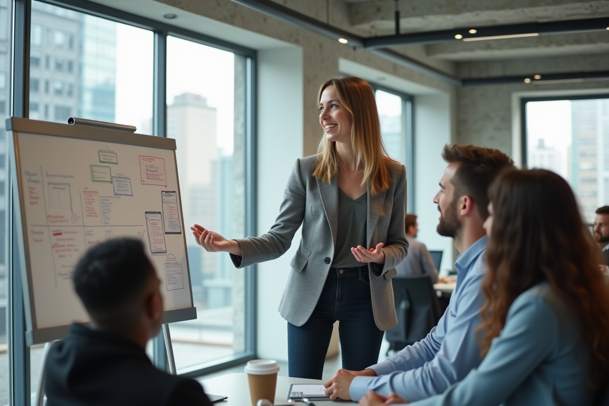 Femme développeuse expliquant des concepts à une équipe en startup