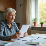 Femme âgée lisant une lettre préoccupée à la maison