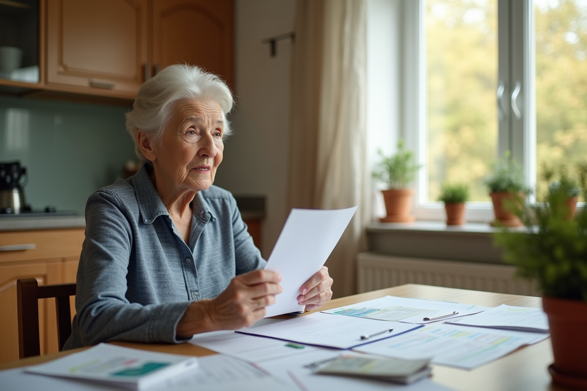 Femme âgée lisant une lettre préoccupée à la maison