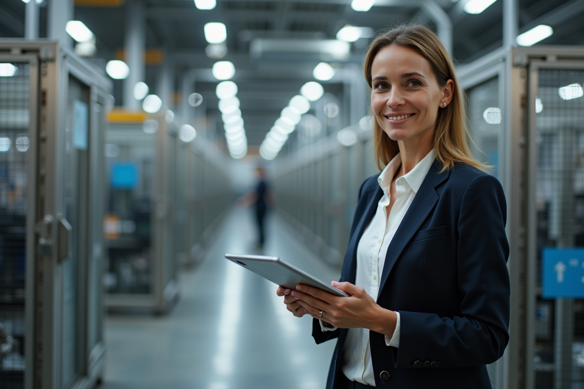 Femme gestionnaire d usine observant la machinerie avec tablette
