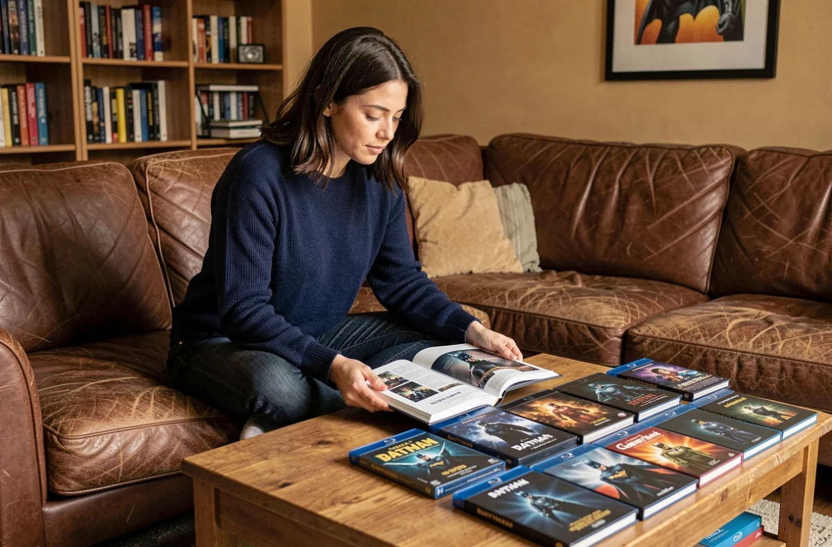 Femme consultant un livre sur l'histoire des films Batman avec des boîtiers Blu-ray classés par ordre chronologique sur une table basse