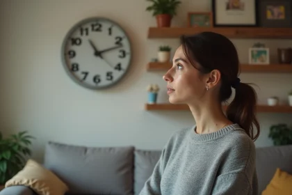 Femme regardant une horloge murale affichant 21h21 dans un salon chaleureux et moderne