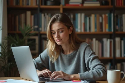 Femme lisant un blog d'information sur un ordinateur portable dans un bureau à domicile, entourée d'articles imprimés et de notes