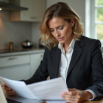 Femme d'âge moyen lisant des documents de prêt immobilier