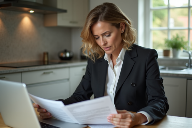 Femme d'âge moyen lisant des documents de prêt immobilier