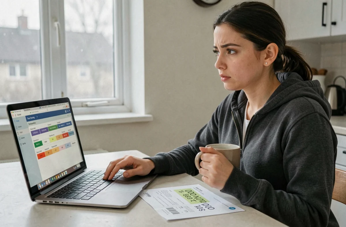 Jeune femme consultant un logiciel de suivi du temps avec des heures converties en centièmes sur son ordinateur portable
