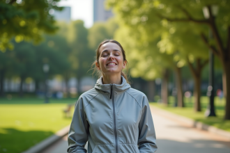 Femme méditant dans un parc urbain calme et verdoyant