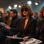 Femme élégante avec coupe bob et grosses lunettes lors d'un défilé