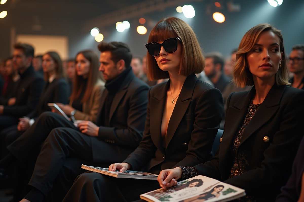 Femme élégante avec coupe bob et grosses lunettes lors d'un défilé