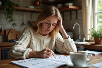 Femme concentrée résolvant des mots fléchés avec ville italienne dans un magazine de jeux à la table d'une cuisine rustique