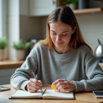Jeune femme notant ses calories avec un oeuf dans la main