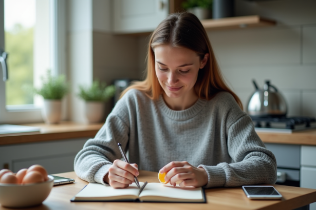 Jeune femme notant ses calories avec un oeuf dans la main