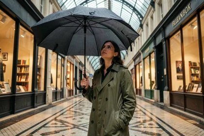 Femme en trench-coat mouillé admirant la verrière d'un passage couvert parisien sous la pluie