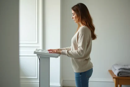 Jeune femme française se pesant dans une salle de bain lumineuse