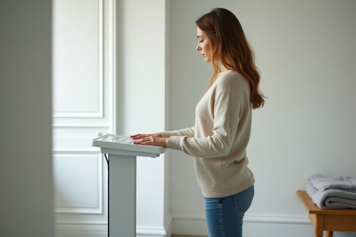 Jeune femme française se pesant dans une salle de bain lumineuse