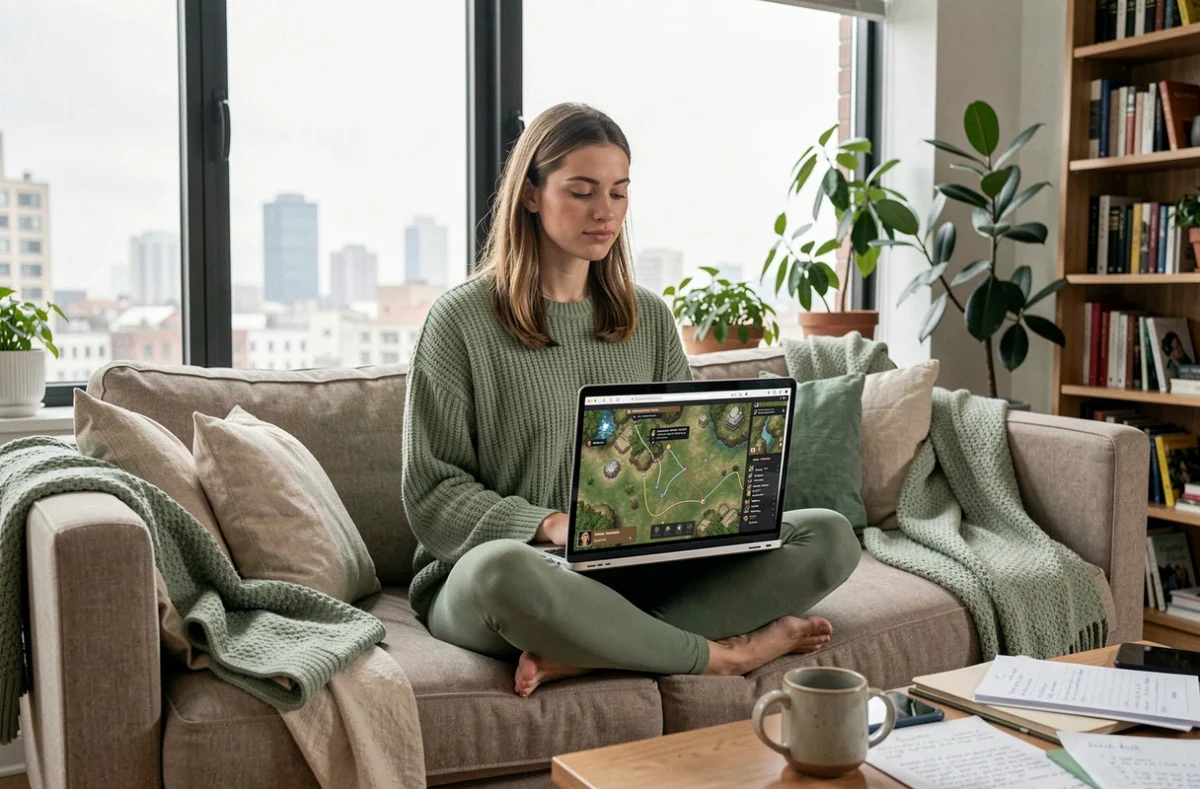 Jeune femme consultant une carte de jeu RPG sur son ordinateur portable dans un salon cosy, planifiant sa route de succès dans Dofus L'occasion fait le larron