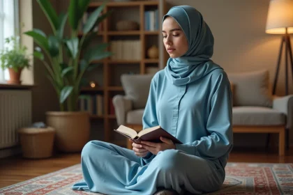 Jeune femme en hijab bleu priant dans un intérieur paisible