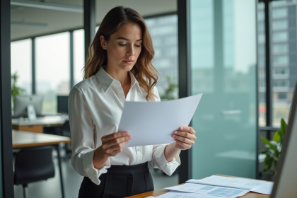 Femme confiante en bureau moderne pour l'article