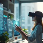 Femme professionnelle portant un casque VR dans un bureau moderne