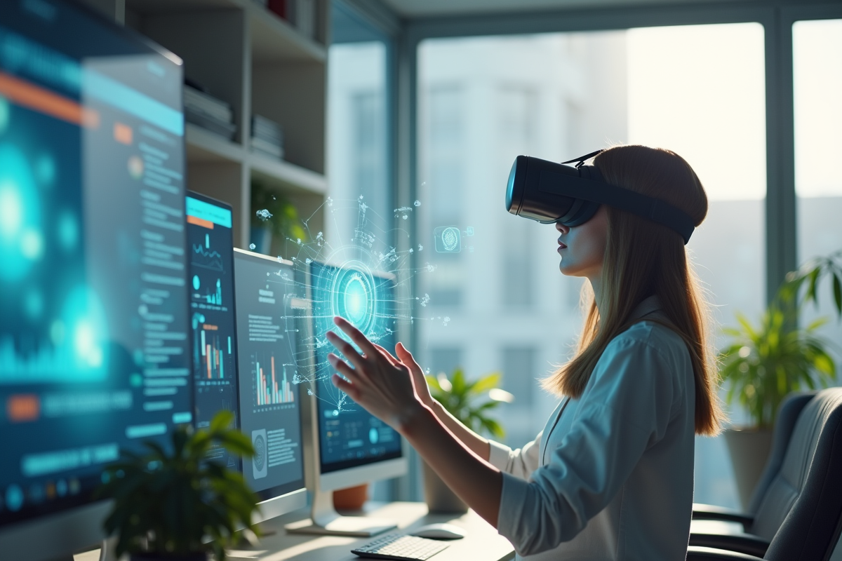 Femme professionnelle portant un casque VR dans un bureau moderne