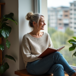 Femme méditative assise près d'une fenêtre avec livres et plantes