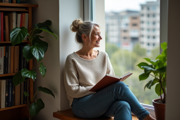 Femme méditative assise près d'une fenêtre avec livres et plantes