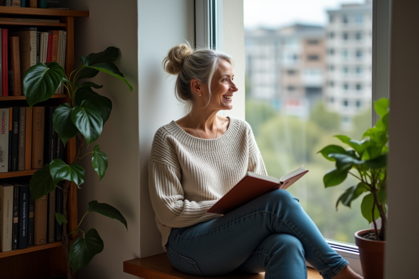 Femme méditative assise près d'une fenêtre avec livres et plantes