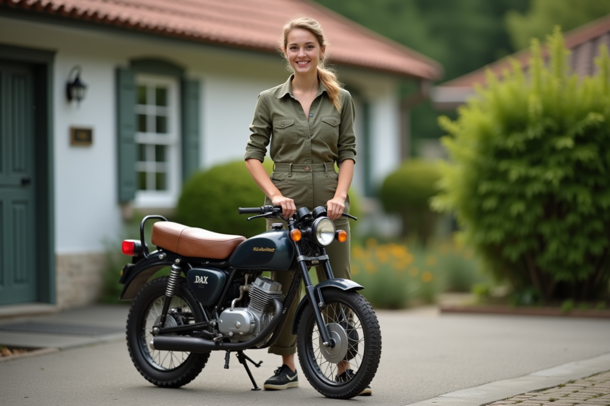 Jeune femme souriante tenant un ancien axe de moto en extérieur