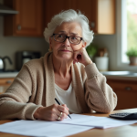 Femme retraitée réfléchissant à ses finances à la maison