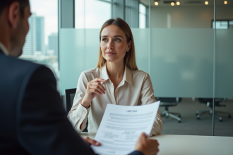 Femme en réunion avec un banquier pour un prêt immobilier