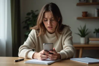 Femme inquiète avec smartphone dans un intérieur moderne