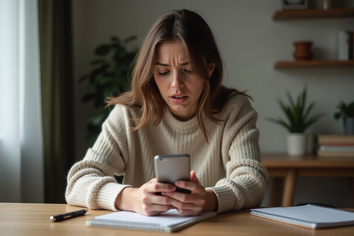 Femme inquiète avec smartphone dans un intérieur moderne