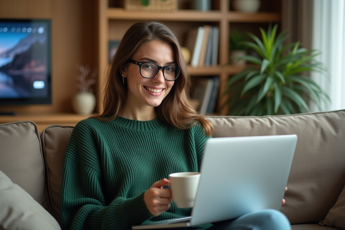 Femme souriante avec mug sur un canapé dans un salon chaleureux