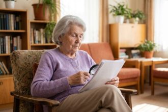 Femme senior consultant des livres sur le financement des maisons de retraite