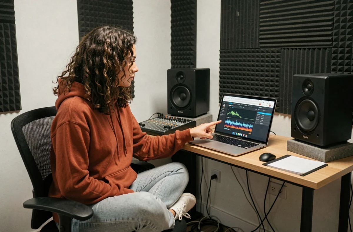 Jeune femme mesurant le niveau sonore de ses enceintes de studio avec un simulateur en ligne sur ordinateur portable