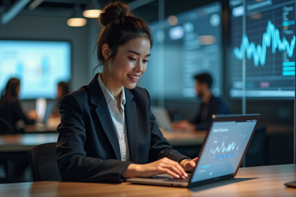 Femme technophile travaillant sur un ordinateur portable avec une tablette blockchain