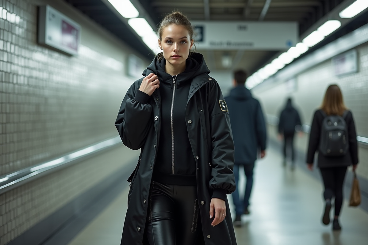Femme en techwear marchant dans une station de métro moderne