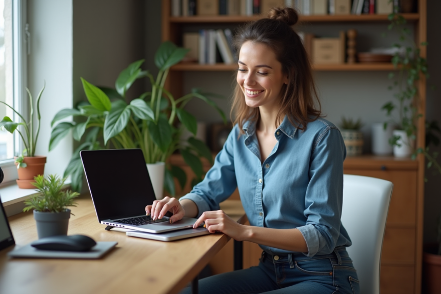 Femme organisant son matériel de télétravail dans un appartement moderne