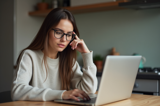 Jeune femme concentrée travaillant sur son ordinateur portable