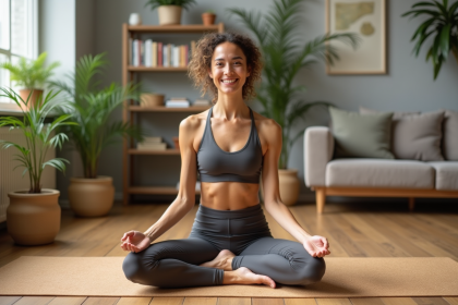 Femme en yoga dans un salon lumineux et cosy